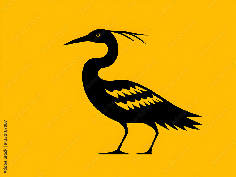 Black heron, yellow background, nature illustration Black heron, yellow background, nature illustration