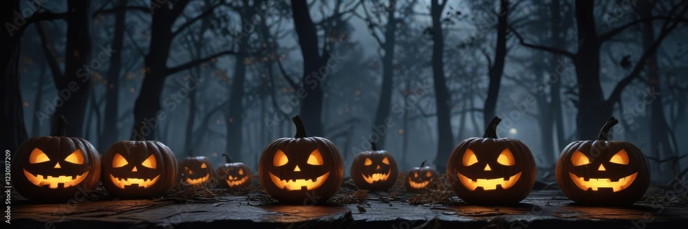 Spooky forest with Halloween pumpkins on wood at night, night, orange Spooky forest with Halloween pumpkins on wood at night, night, orange