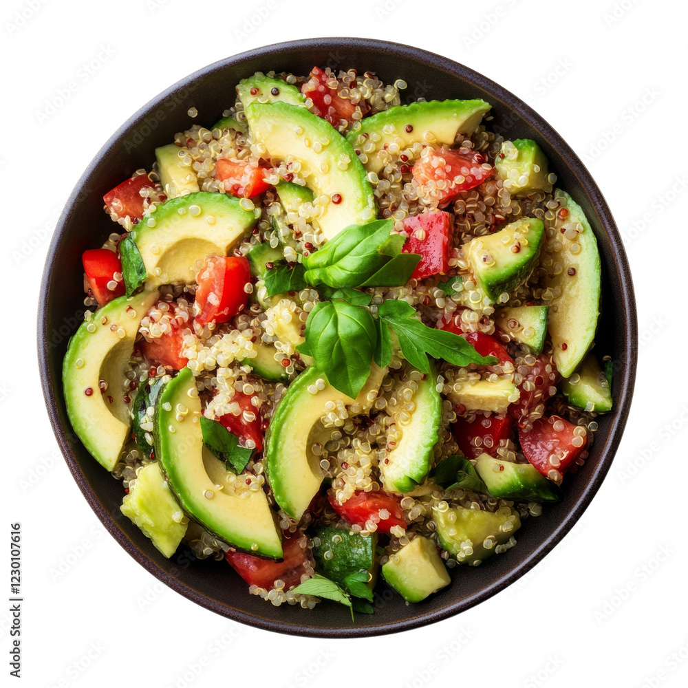 A vibrant salad featuring quinoa, avocado, tomato, and fresh herbs served in a dark bowl. A vibrant salad featuring quinoa, avocado, tomato, and fresh herbs served in a dark bowl.
