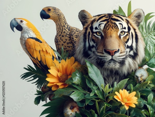 A collection of exotic wildlife, featuring a tiger alongside parrots in an outdoor setting with flora and fauna. photo