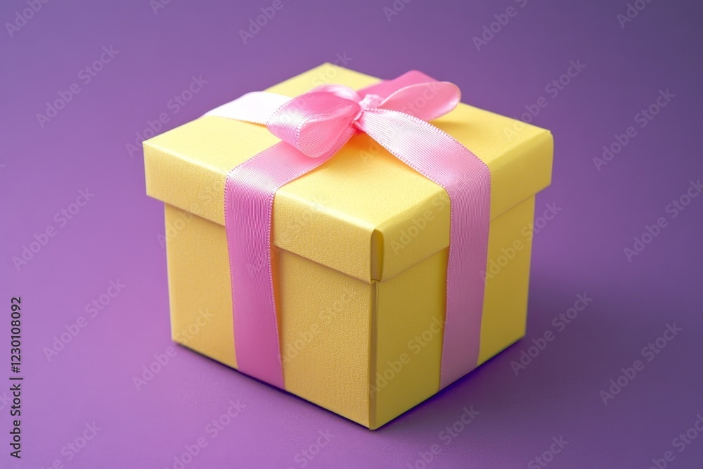 yellow gift cube box with pink ribbon isolated on purple background yellow gift cube box with pink ribbon isolated on purple background