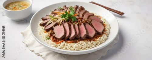 Wallpaper Mural Pan-seared beef strips served with a side of steamed noodles and a drizzle of coconut sauce on an isolated white background, restaurant food, coconut sauce, culinary art Torontodigital.ca