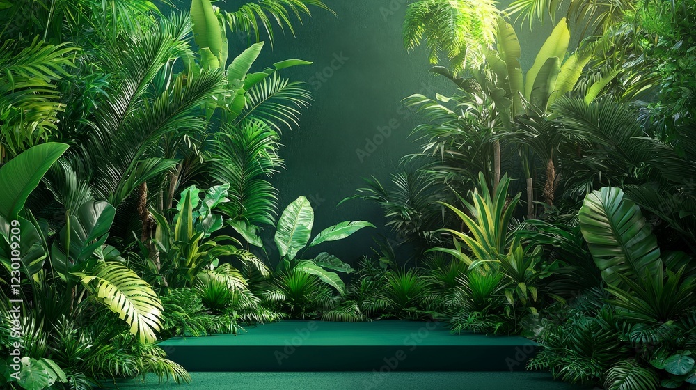 Lush Green Tropical Jungle Background with Dense Foliage and Plants Lush Green Tropical Jungle Background with Dense Foliage and Plants
