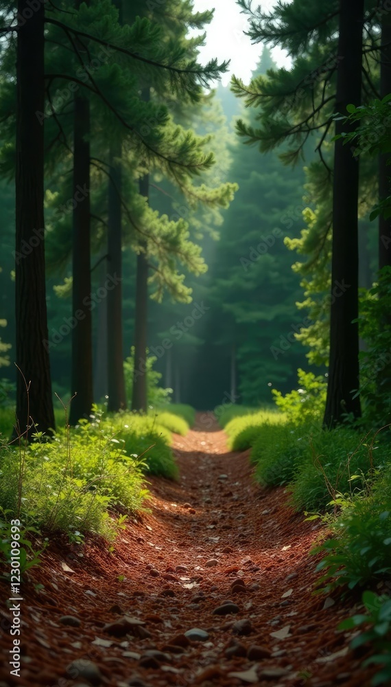 Obraz premium A serene and peaceful atmosphere is created by a thick layer of pine needles covering the ground in front of a green wall of pine trees, wildlife, needles