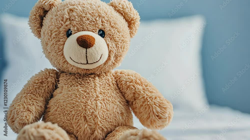 Cute Teddy Bear Toy on Patient Bed in Hospital Setting for Child Comfort and Healthcare Theme Showcasing Soft Beige Plush with Friendly Expression and Cozy Atmosphere Cute Teddy Bear Toy on Patient Bed in Hospital Setting for Child Comfort and Healthcare Theme Showcasing Soft Beige Plush with Friendly Expression and Cozy Atmosphere