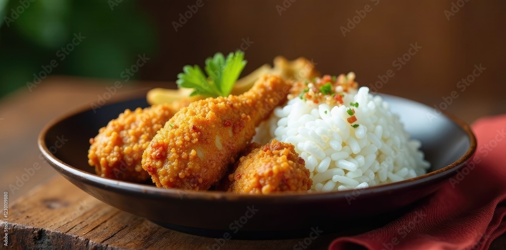 A simple yet satisfying meal of fried chicken and steamed white rice, fried chicken, comforting A simple yet satisfying meal of fried chicken and steamed white rice, fried chicken, comforting
