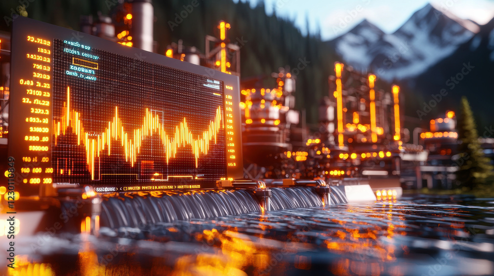 Fototapeta premium futuristic hydroelectric facility with rushing water and glowing data displays. scene captures blend of nature and technology, showcasing energy production in stunning landscape