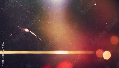 Vintage retro photo overlay with dramatic lens optical flares, glowing glare effects, and subtle grunge textures, realistic scratches and dust particles, film noise and grain, bold red tint, abstract 
