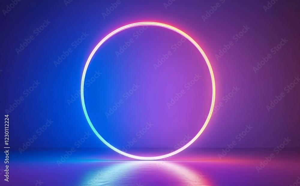 Fototapeta premium 3d render, abstract background, round screen, ring, glowing dots, neon light, virtual reality, volume equalizer interface, hud, pink blue spectrum, vibrant colors, laser disc, floor reflection