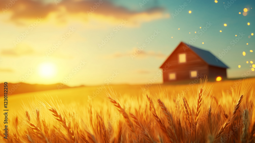 golden field of wheat swaying in summer breeze, with rustic barn at sunset golden field of wheat swaying in summer breeze, with rustic barn at sunset