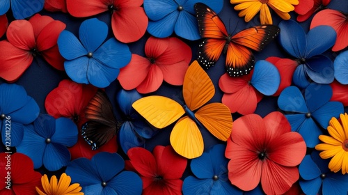 Wallpaper Mural Paper Flowers & Butterflies: A vibrant and whimsical arrangement of paper flowers and butterflies in shades of red, blue, and orange against a deep blue backdrop. Torontodigital.ca