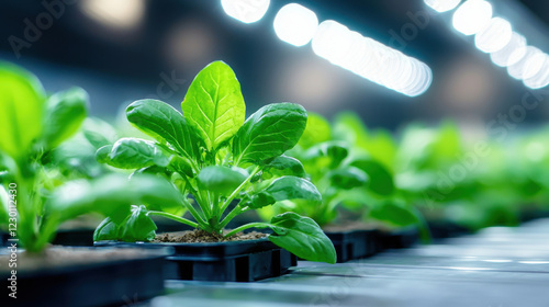 High tech greenhouse with automated irrigation system showcasing vibrant green plants thriving under bright lights. environment promotes healthy growth and sustainability