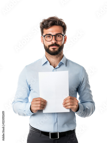 confident man in professional outfit holding blank sheet of paper, isolated on white