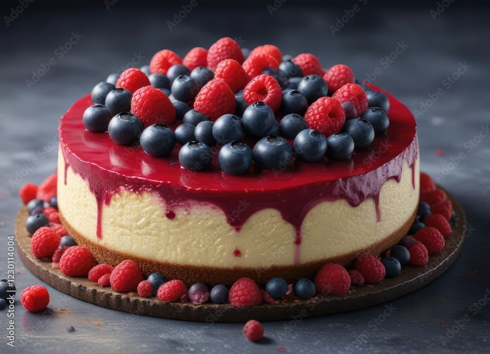 Rich, velvety cheesecake with a vibrant mix of fresh blueberries and raspberries atop a crumbly crust , chocolate, dessert Rich, velvety cheesecake with a vibrant mix of fresh blueberries and raspberries atop a crumbly crust , chocolate, dessert