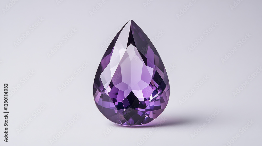 Amethyst Gemstone: A captivating pear-shaped amethyst gemstone, showcasing its rich purple hue and exquisite facets. The gemstone's brilliance is highlighted against a subtle backdrop. Amethyst Gemstone: A captivating pear-shaped amethyst gemstone, showcasing its rich purple hue and exquisite facets. The gemstone's brilliance is highlighted against a subtle backdrop.