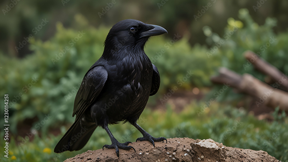 Obraz premium Black crow on the ground