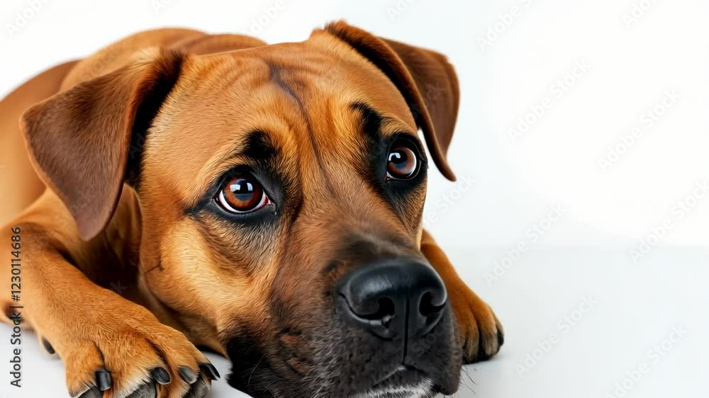Adorable Dog Lying Down with Head Resting on Paws Looking Up on White Background with Curious Expression Adorable Dog Lying Down with Head Resting on Paws Looking Up on White Background with Curious Expression