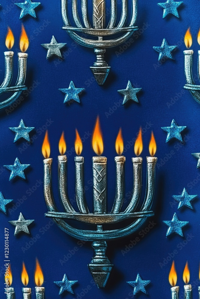 Blue stars on blue background with gold candle holder and lit candles. Blue stars on blue background with gold candle holder and lit candles.