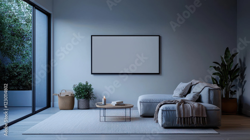 sleek and minimalist living room featuring cozy sofa, modern coffee table, and large window with greenery outside. ambiance is calm and inviting, perfect for relaxation