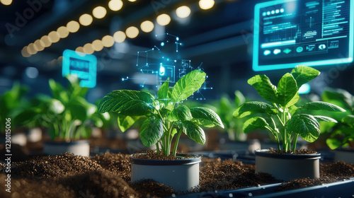 Smart farming hub with vibrant greenery and advanced technology. image showcases plants pots, surrounded by digital interfaces displaying agricultural data and analytics, emphasizing innovation