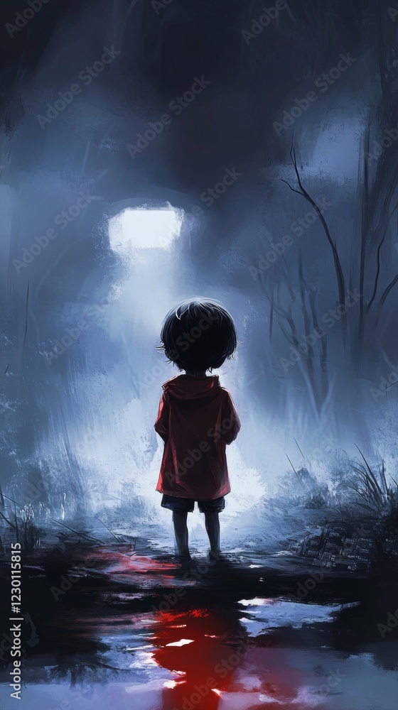 Fototapeta premium Child standing alone on a dark path in a mysterious forest, illuminated by a distant light source