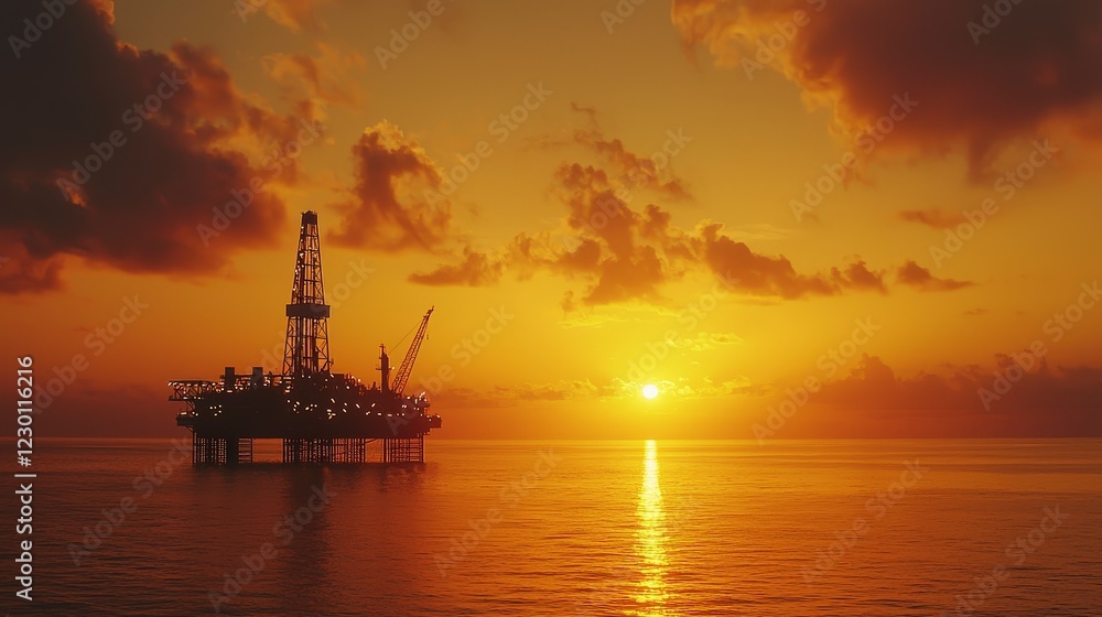 Scenic Sunset Over Oil Rig in the Ocean with Dramatic Sky Colors Scenic Sunset Over Oil Rig in the Ocean with Dramatic Sky Colors