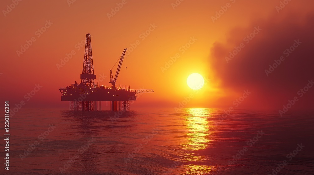Fototapeta premium Sunset Over Oil Rig in Calm Waters with Vibrant Orange Sky