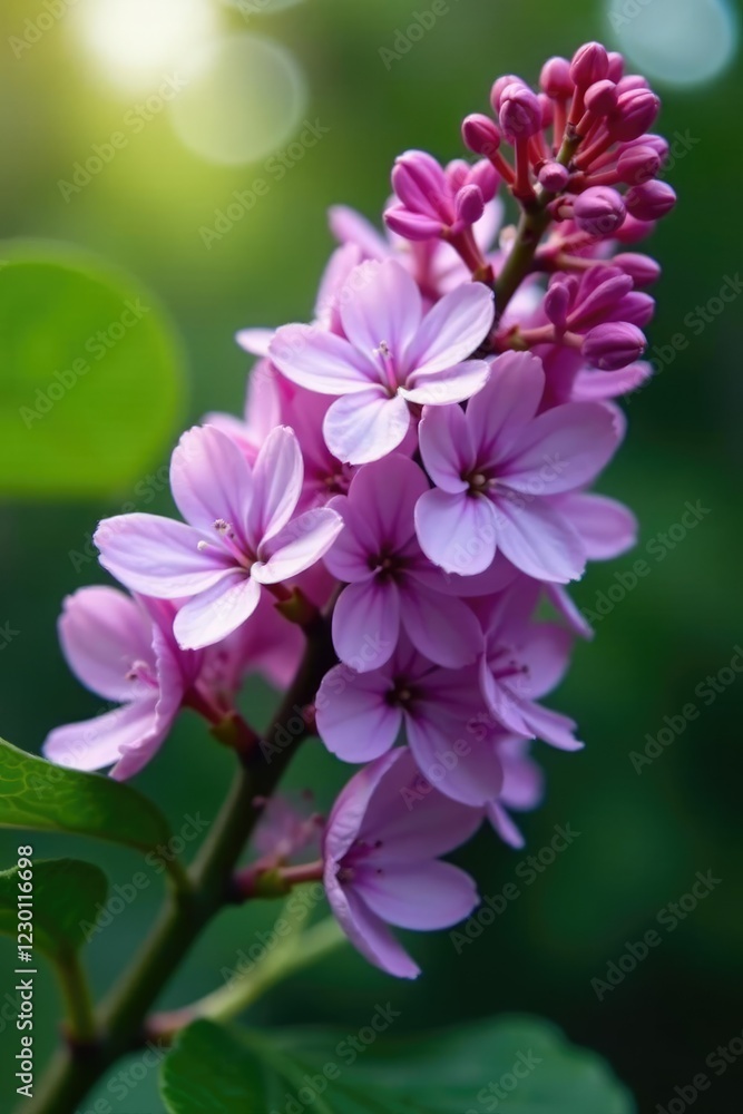 Fototapeta premium Lilac branch with delicate purple flowers blooming in the garden, flower stem, ornamental plants, plant details