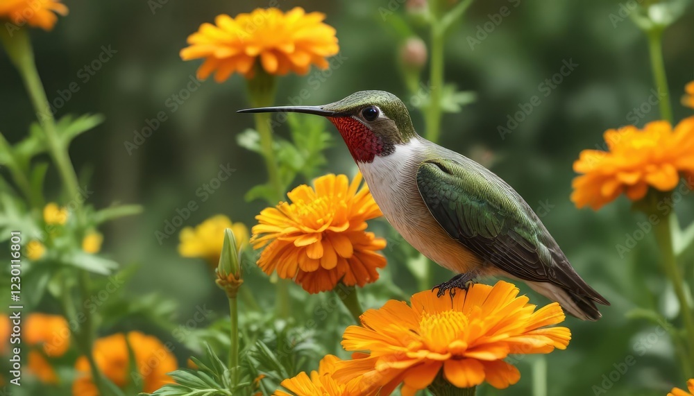 Fototapeta premium Ruby throated Hummingbird resting on a yellow and orange marigold flower, its feathers glistening in the sunlight, photorealism, yellow flowers, hummingbird