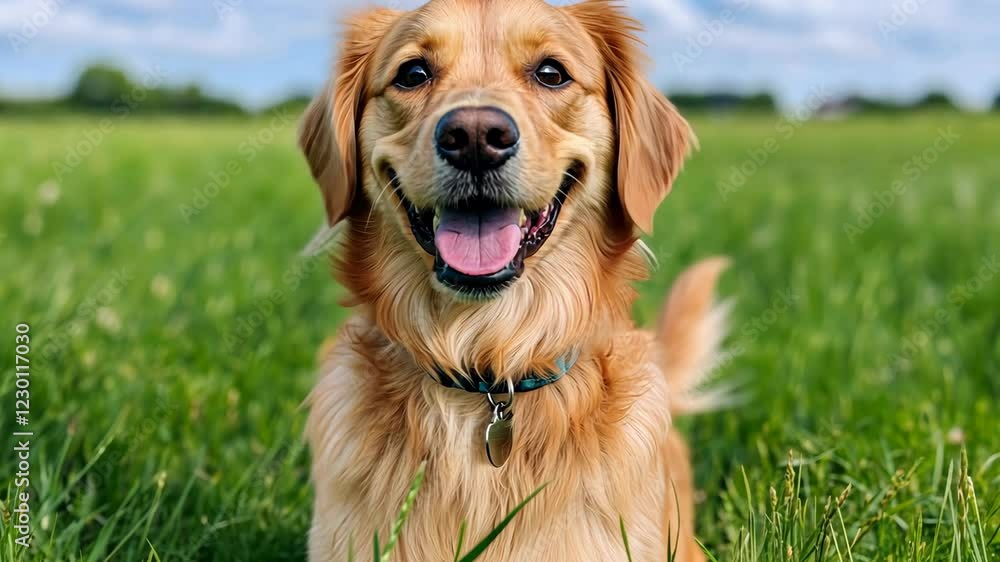 Happy Golden Retriever With Wagging Tail in Sunny Grassy Field Under Clear Blue Sky Featuring Lush Green Grass and Bright Daytime Setting Perfect for Outdoor Lifestyle and Nature Appreciation Happy Golden Retriever With Wagging Tail in Sunny Grassy Field Under Clear Blue Sky Featuring Lush Green Grass and Bright Daytime Setting Perfect for Outdoor Lifestyle and Nature Appreciation