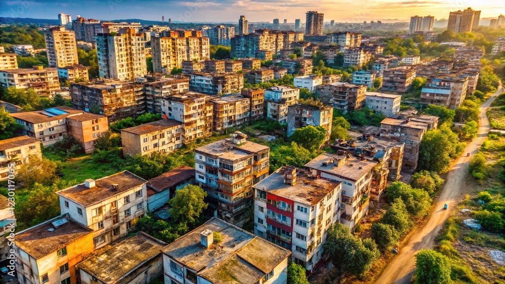 Naklejka premium Drone View of Poor Housing Development, Overcrowded Slums, Aerial Perspective, Urban Poverty, Developing Country