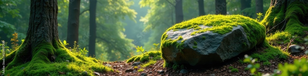 Lush moss carpets a granite boulder amidst tall trees, wild scenery, earthy tones Lush moss carpets a granite boulder amidst tall trees, wild scenery, earthy tones
