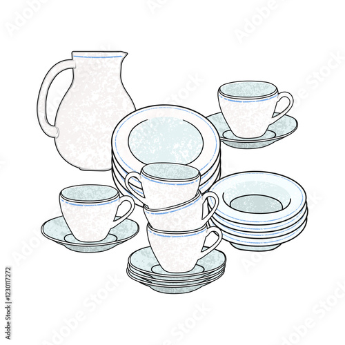 Vector Colorful Illustration of Set of Dishes Isolated on White Background