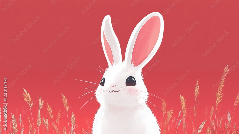 Obraz premium Charming White Bunny in a Lush Green Meadow Under Bright Sky