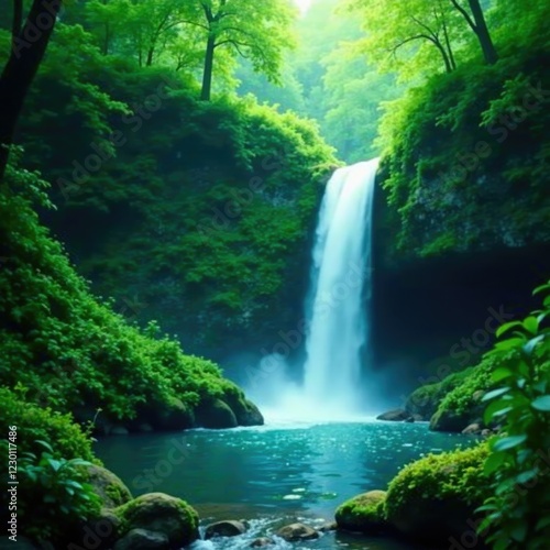 Lush vegetation surrounds a cascading waterfall, scenery, forest