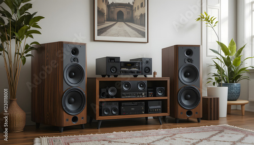 Hi fi wooden vintage speaker system in living room. Generative AI
