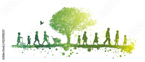 An illustration of the human life cycle from birth to old age, in a silhouette style with green bars on a white background. Vector design for graphic elements and web decor.