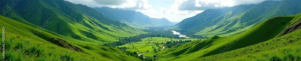 Rolling hills and valleys of Kualoa Mountain Range with a winding stream, valleys, serenity Rolling hills and valleys of Kualoa Mountain Range with a winding stream, valleys, serenity