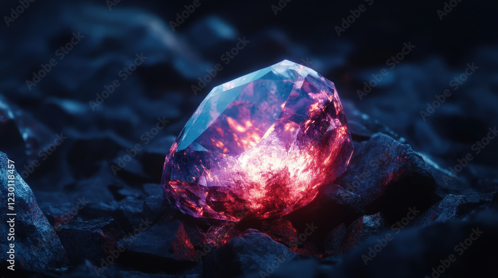 Glowing Red Crystal in a Dark Mystical Cave Glowing Red Crystal in a Dark Mystical Cave