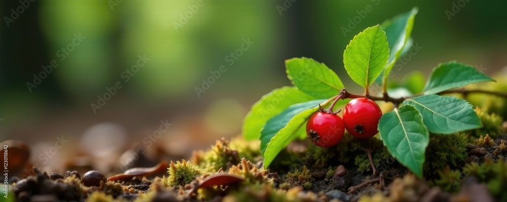 Rowan berry with leaves and stem on a forest floor, forest floor, rustic Rowan berry with leaves and stem on a forest floor, forest floor, rustic