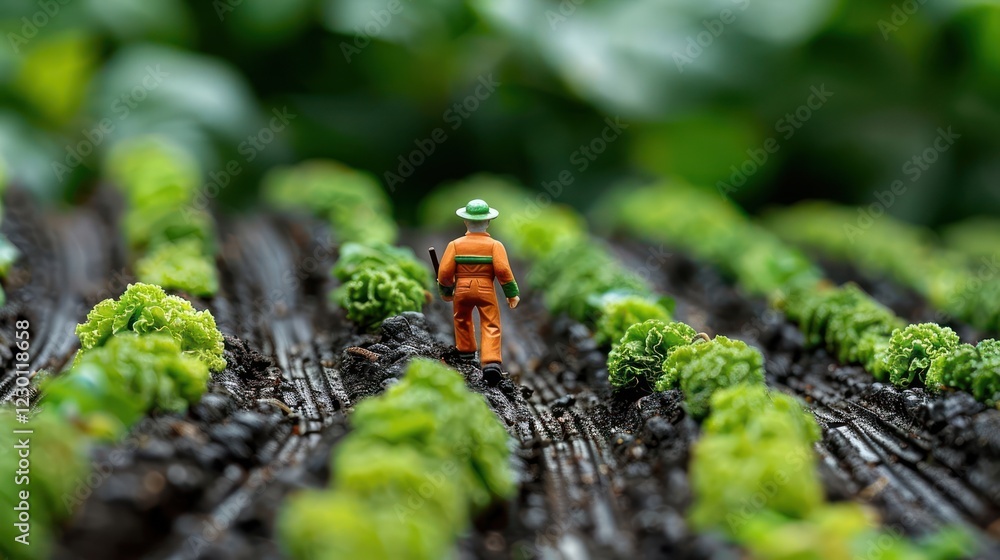 Miniature farmer tending to lush green lettuce rows in a vibrant agricultural setting Miniature farmer tending to lush green lettuce rows in a vibrant agricultural setting