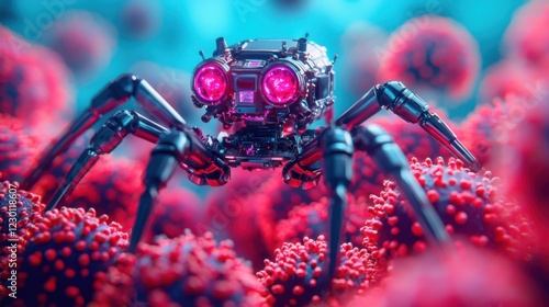 Microscopic robotic spider navigating virus cells, representing futuristic nanotechnology in medical research and biotechnology