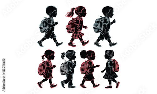 Stylized silhouettes of children with backpacks walking, in vibrant neon outlines