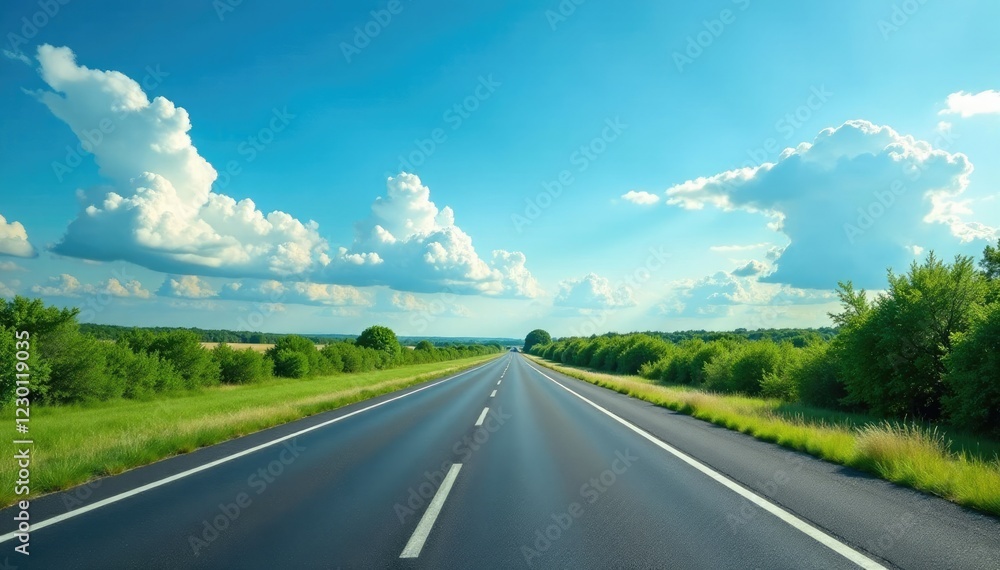 Serene highway under blue sky with trees on either side, landscape, sky Serene highway under blue sky with trees on either side, landscape, sky