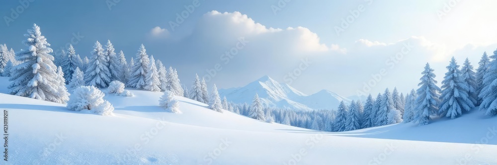 Serene snowy hills covered in a thick layer of snow and frost, falling gently, , winter wonderland Serene snowy hills covered in a thick layer of snow and frost, falling gently, , winter wonderland