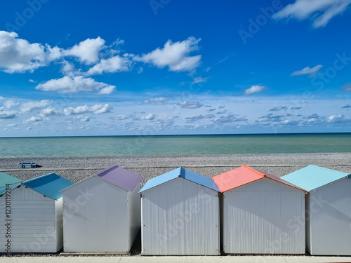 Pastellfarbene Badehäuser am Strand von Le Tréport, Normandie photo