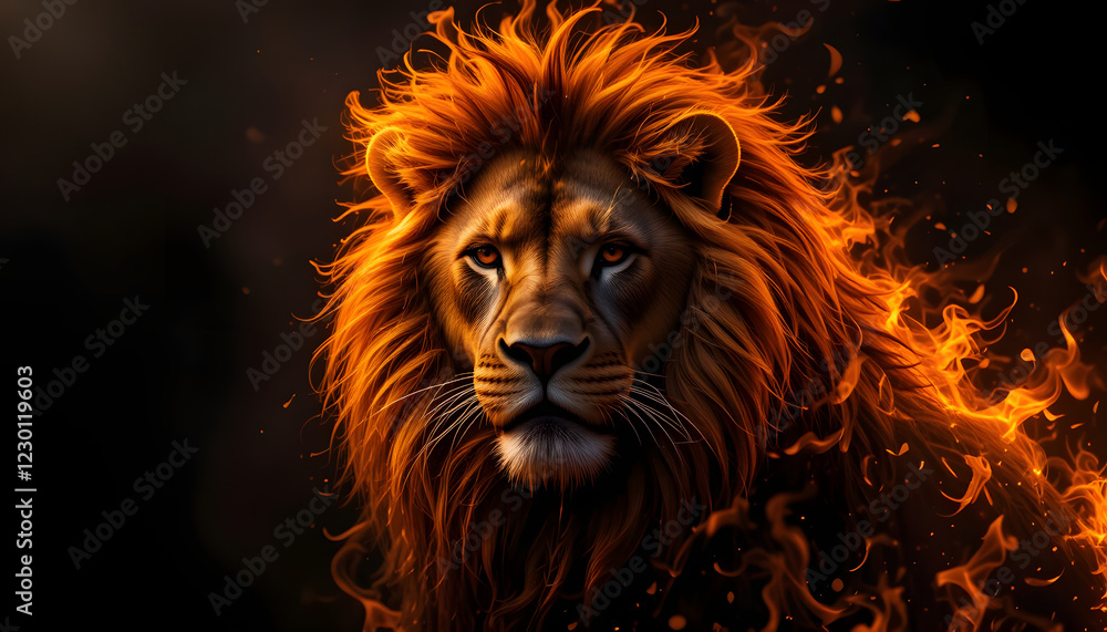 Lion king in fire, Portrait on black background, Wildlife animal. Danger concept. digital art
Lion king in fire, Portrait on black background, Wildlife animal. Danger concept. digital art