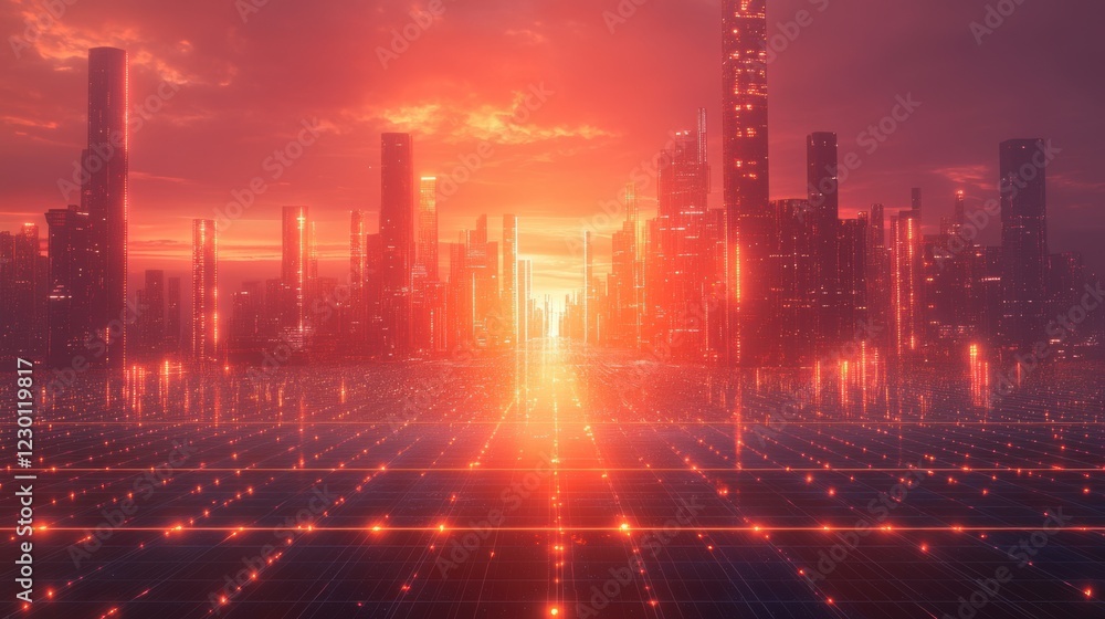 Obraz premium Futuristic Cityscape Red Sunset Smart Grid Technology