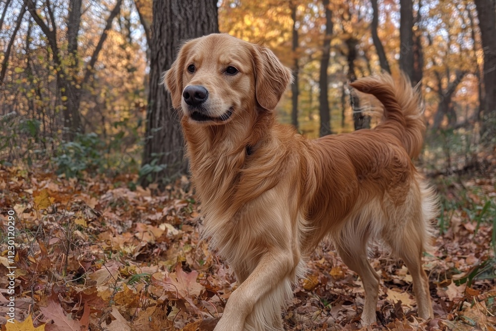 Golden Retriever walks through autumn forest leaves Golden Retriever walks through autumn forest leaves