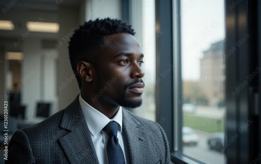 Portrait of a black businessman looking out of his office window Portrait of a black businessman looking out of his office window